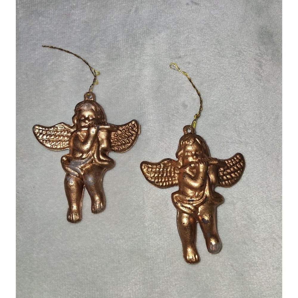 Vintage Gold Cherub Angel Christmas Ornaments Set of 2 2.5"